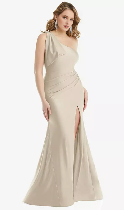 Stacked bow one shoulder silk satin mermaid Prom dress