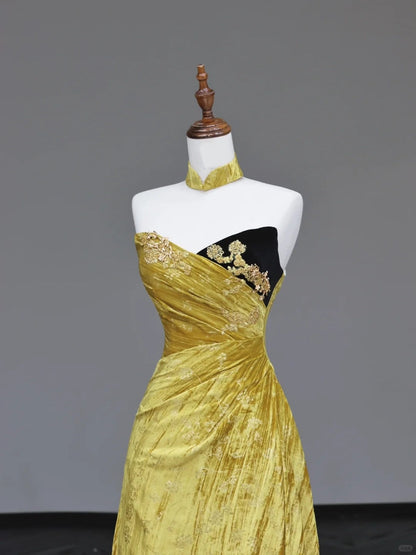 Girlhomeshops -Yellow floral long velvet prom dress evening dress party dress gh5117