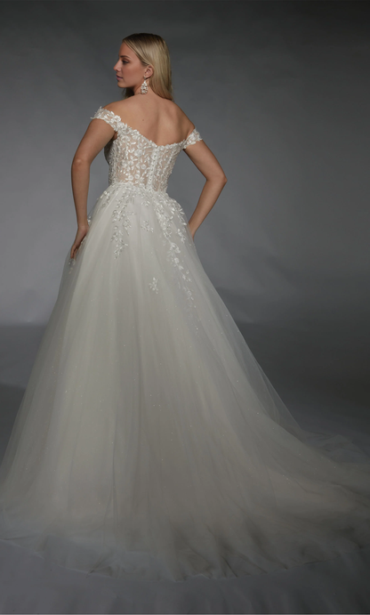 Sheer lace off shoulder phantom lace decal wedding dress