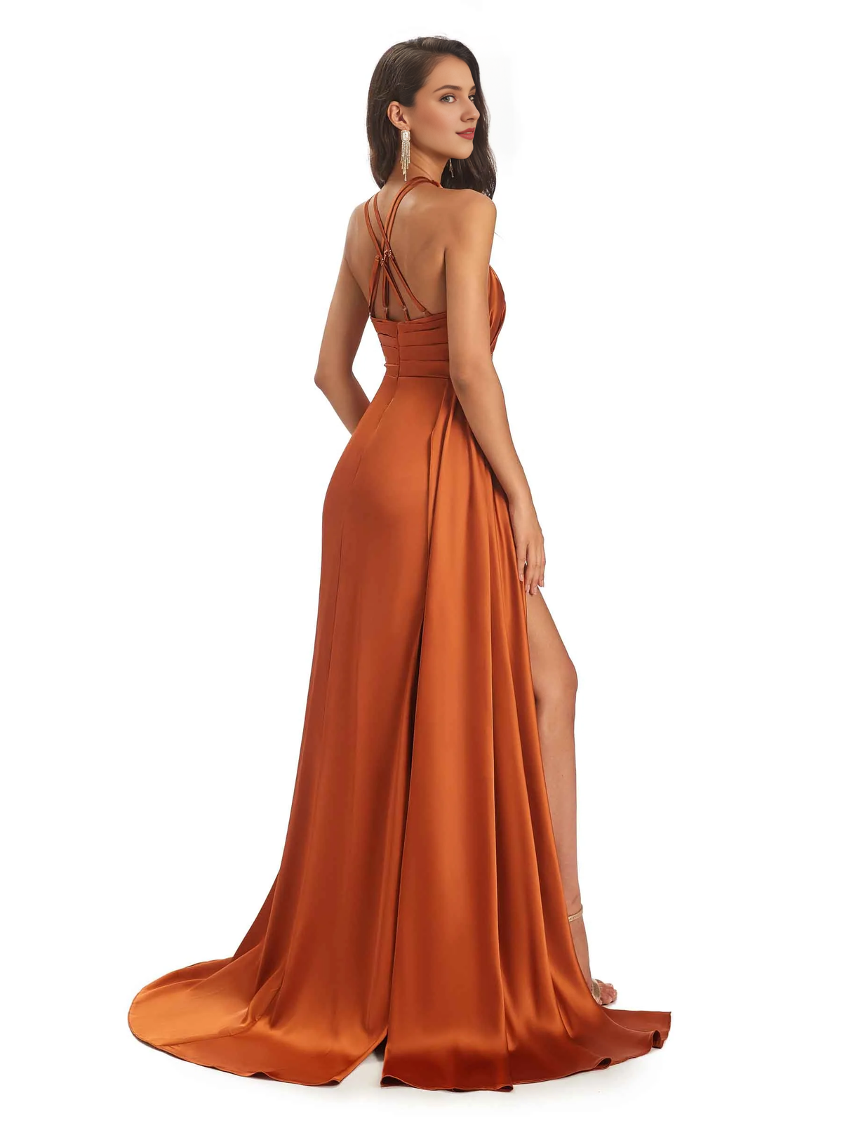 Sexy Mermaid Satin Hanging Neck Side Slit And Floor Length Back Zip Bridesmaid Dress
