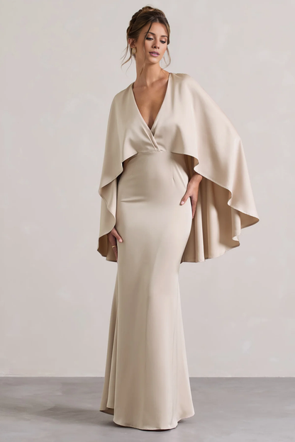 Cloak sleeves satin deep V-neck and floor length evening dress - dress