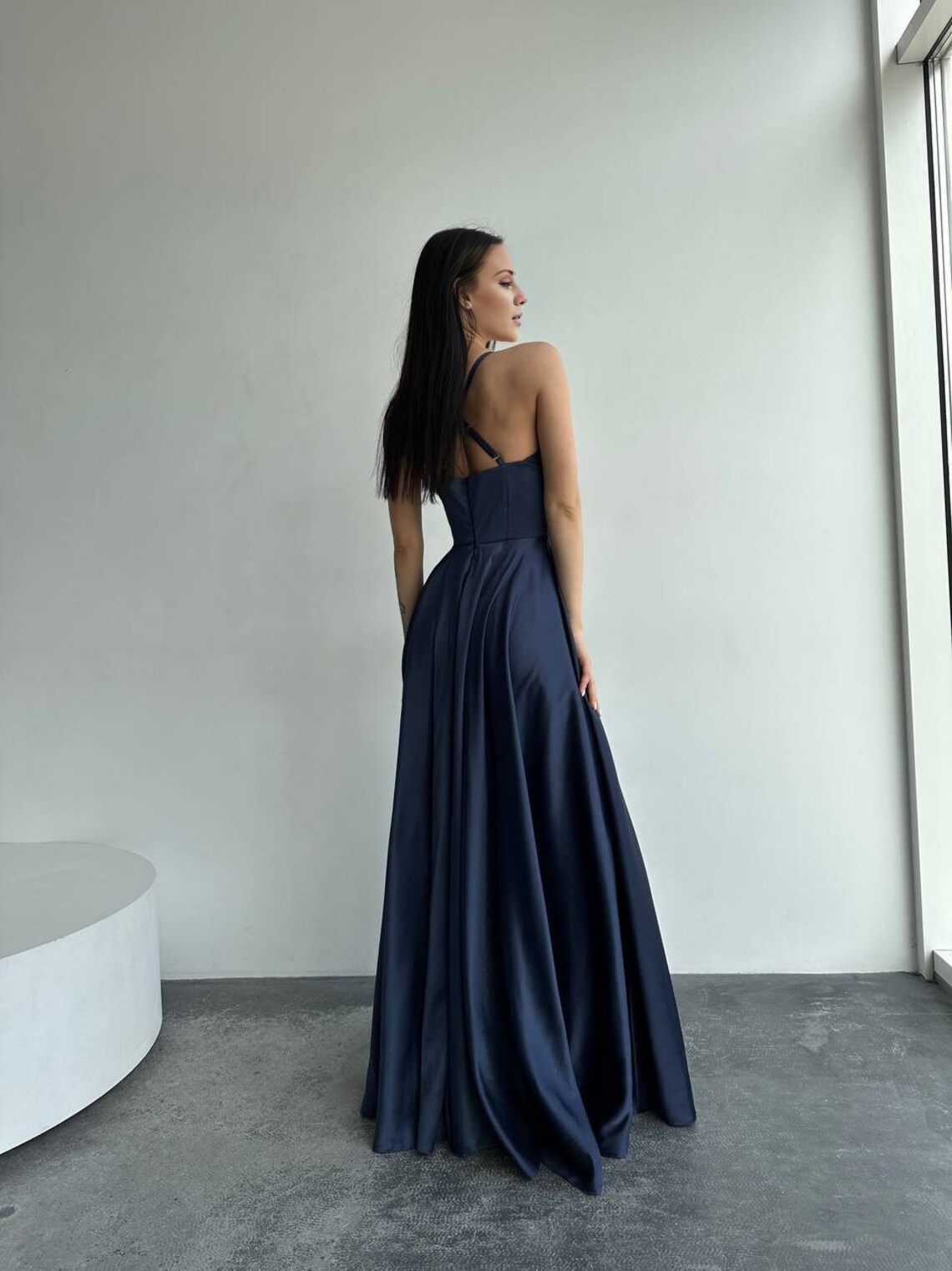 satin thin shoulder strap with side slit and floor length evening dress
