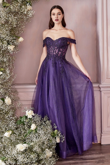 Lace applique short sleeved long off shoulder dress