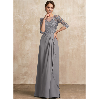 A-shaped Scoop Illusion floor mopping chiffon lace ribbon bead sequins layered ruffles mother of the bride dress