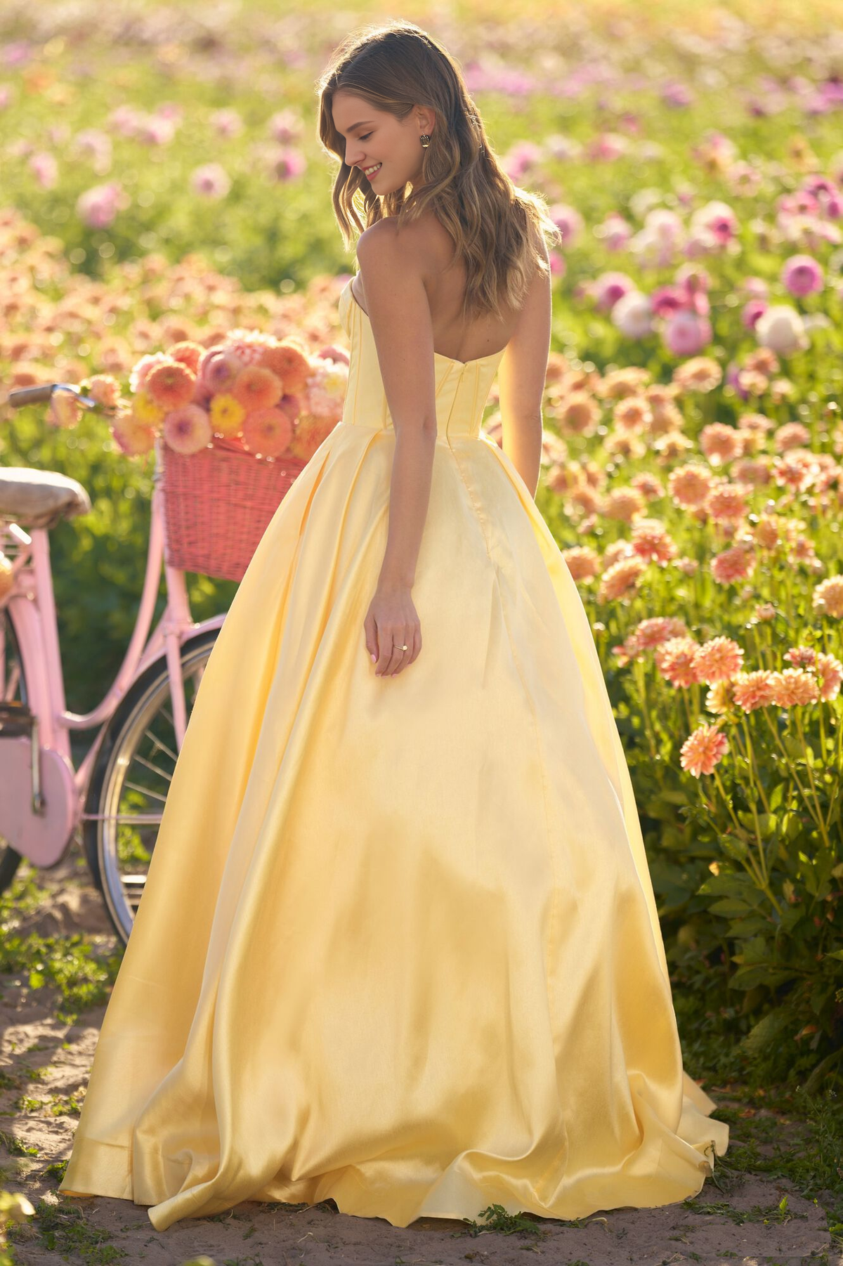 Strapless ball with tight corset and floor length Prom dress