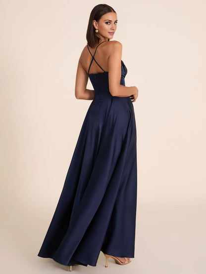 heart-shaped neckline with thin shoulder straps tight fitting corset with side slits and floor length evening dress