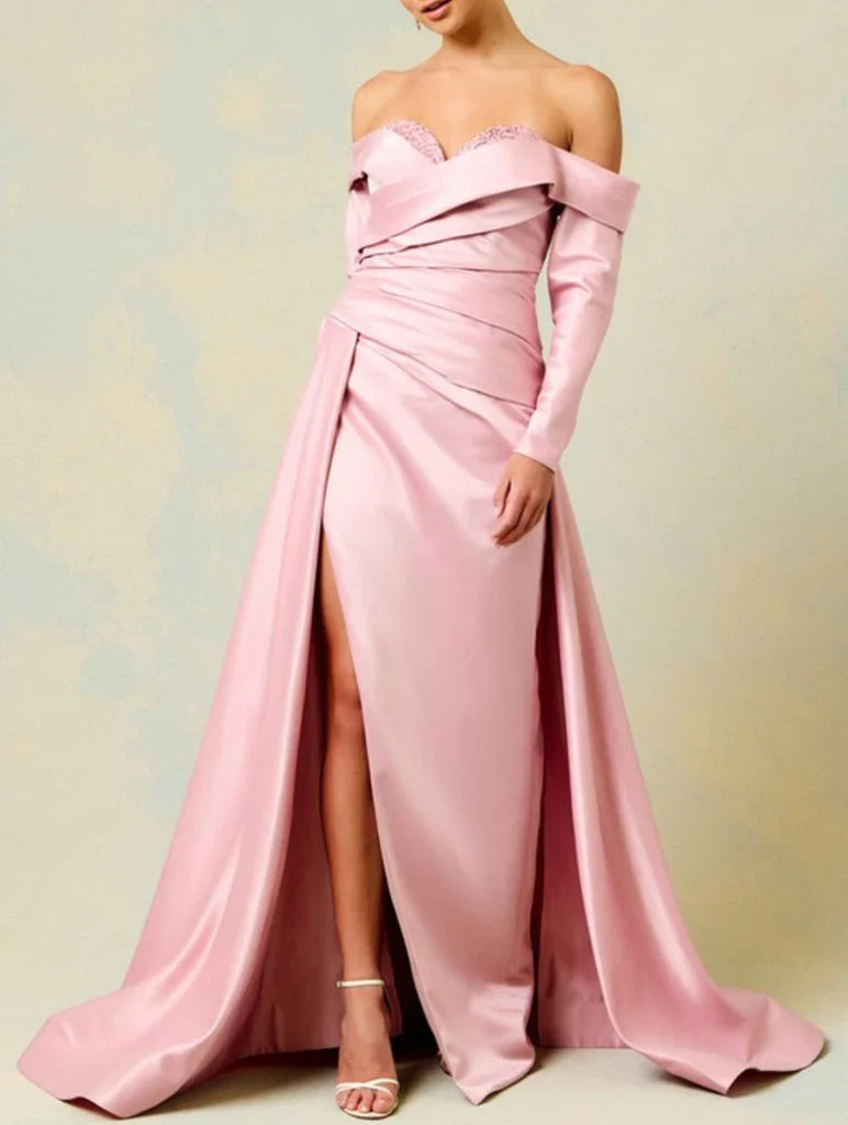 Off shoulder sweetheart neckline with hanging side slits for evening gowns