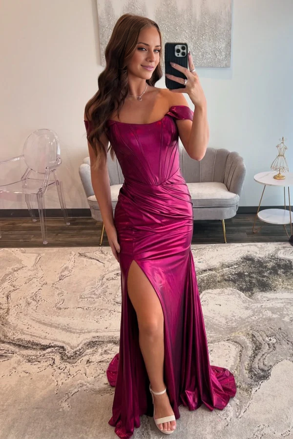 minimalist slim fit off shoulder sleeveless pleated high side slit evening gown