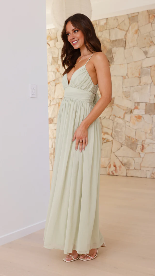 V-neck slim shoulder strap backless and floor length Prom dress