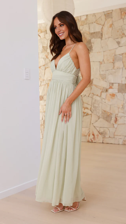 V-neck slim shoulder strap backless and floor length Prom dress