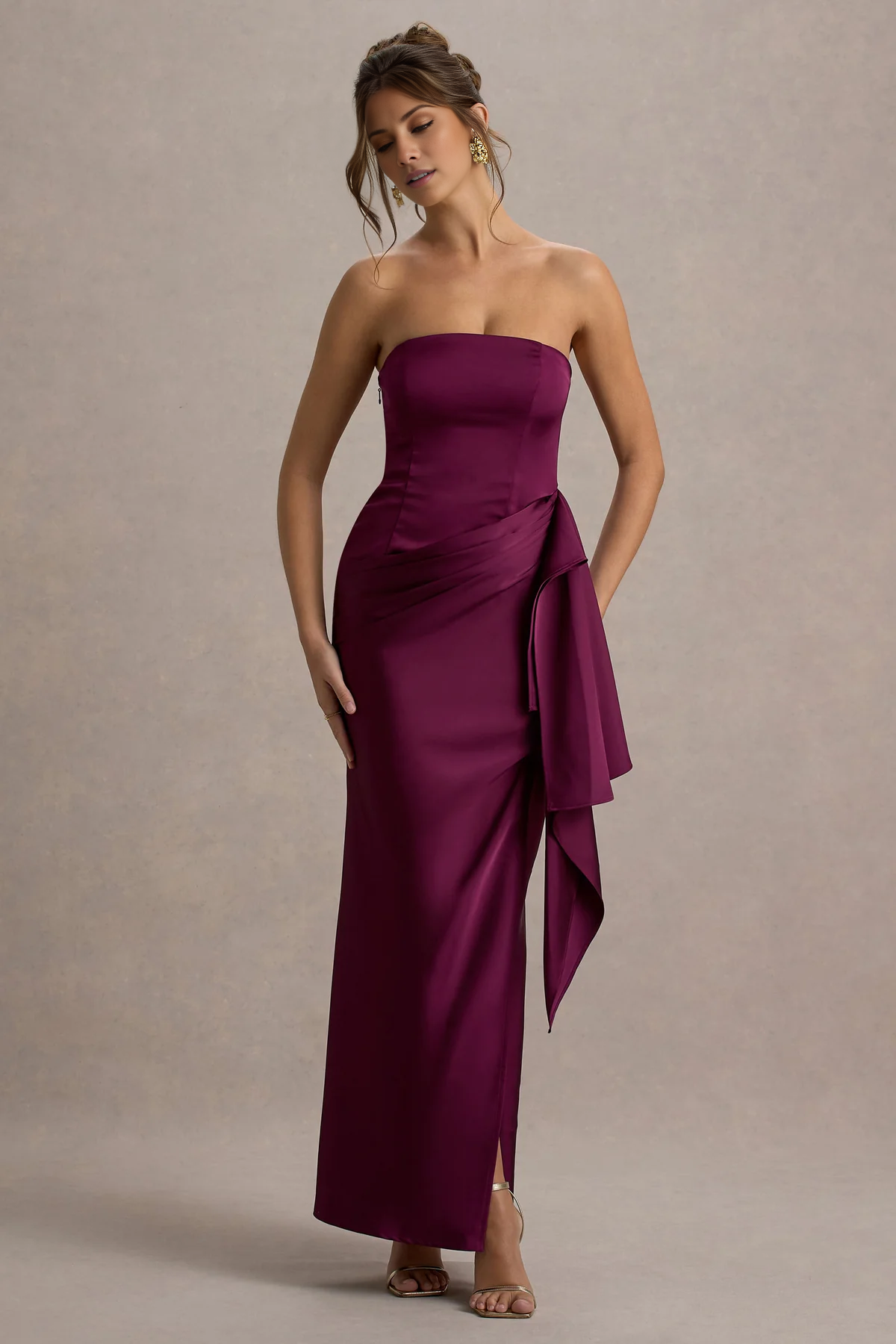 Off shoulder collar satin strapless and floor length evening dress - dress