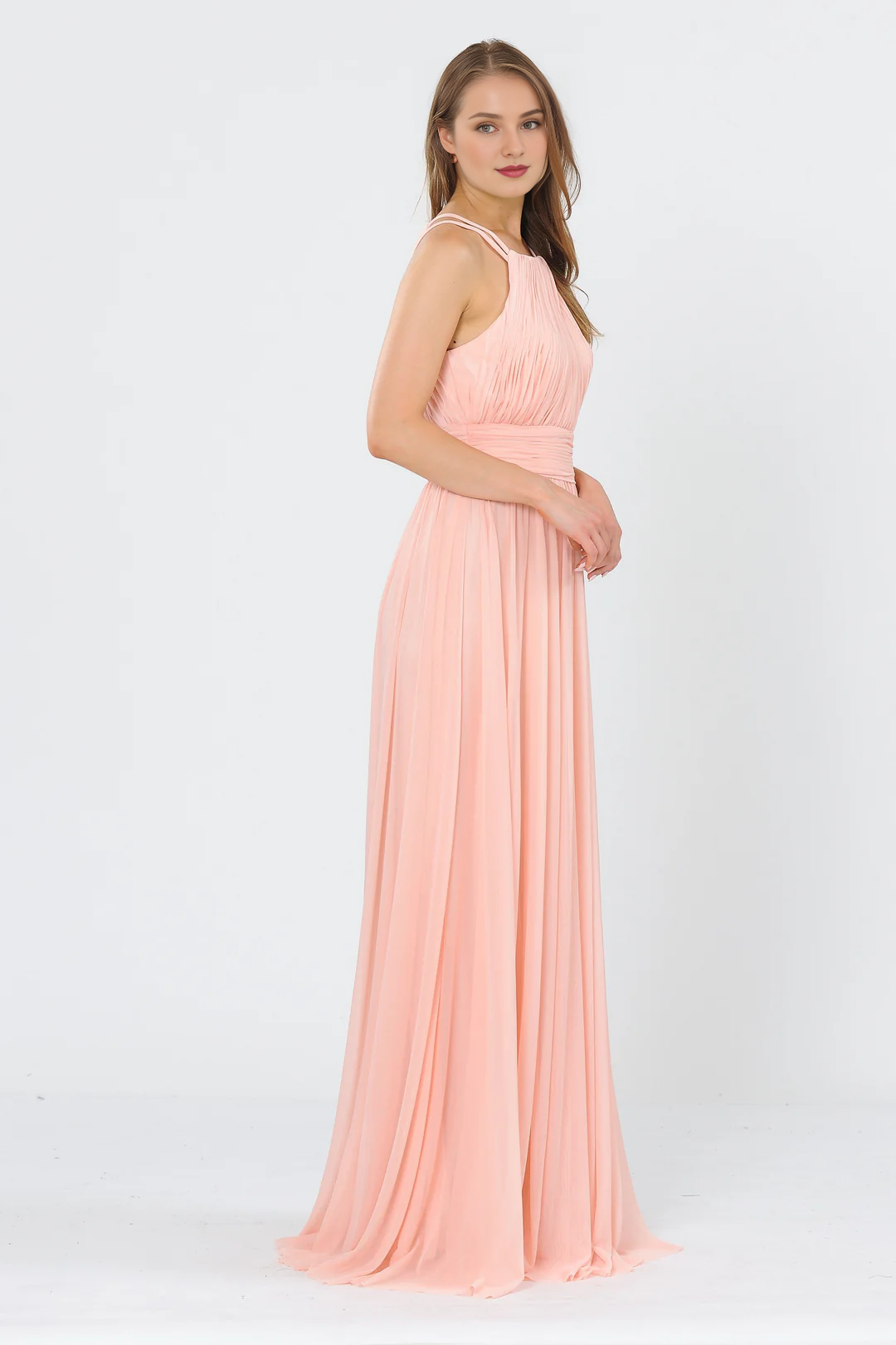 A-line pleated neck hanging long dress