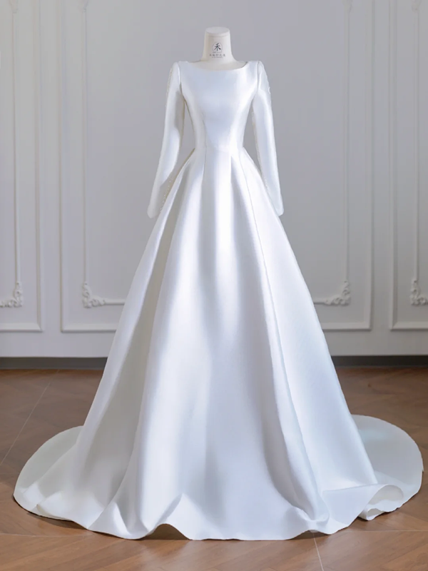 White satin fitted long ball gown, elegant wedding dress R8248