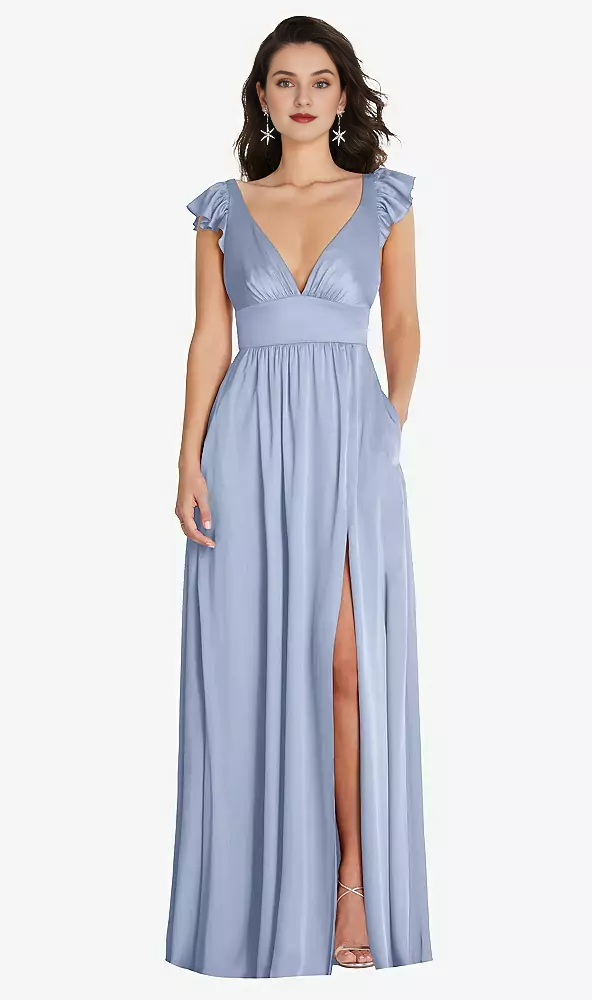Deep V-neck dual-use shoulder strap with ruffled edge cover sleeve length Prom dress