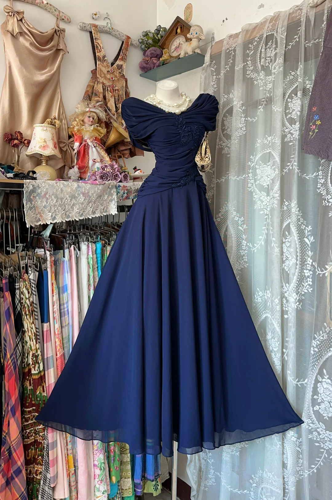 Navy Cowl Neck Waist Cinched Elegant Evening Party Gown gh7191