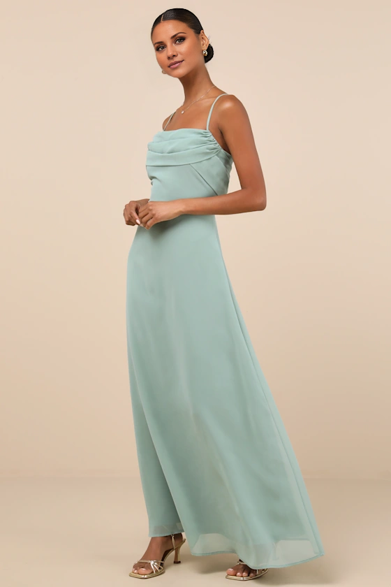 square neckline off shoulder sleeveless thin shoulder strap off back and floor length evening dress