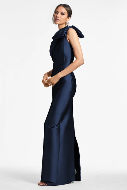 asymmetrical neckline off shoulder sleeveless bow detail backless and floor length Prom dress