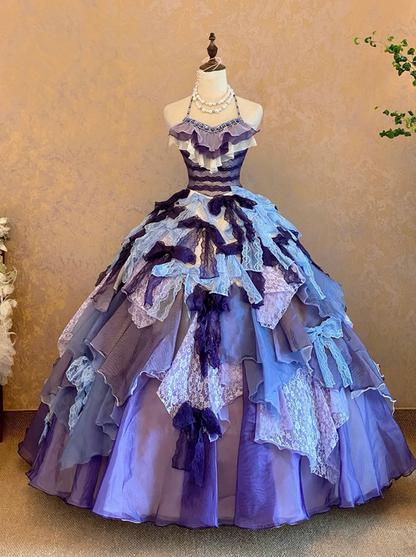 Purple halter-neck fitted waist princess skirt ball gown, bridal dress R7240
