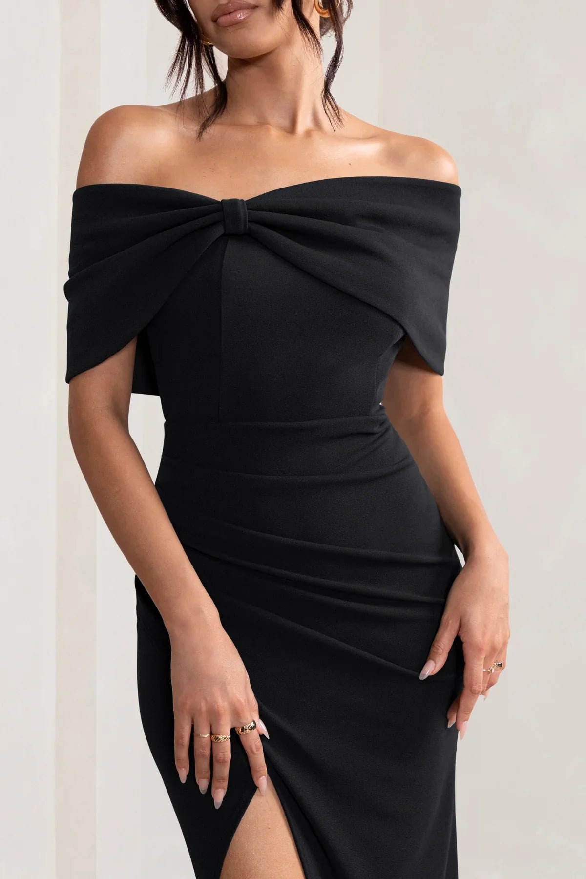 Off shoulder neckline with bow details thigh slit and floor length even dress - dress