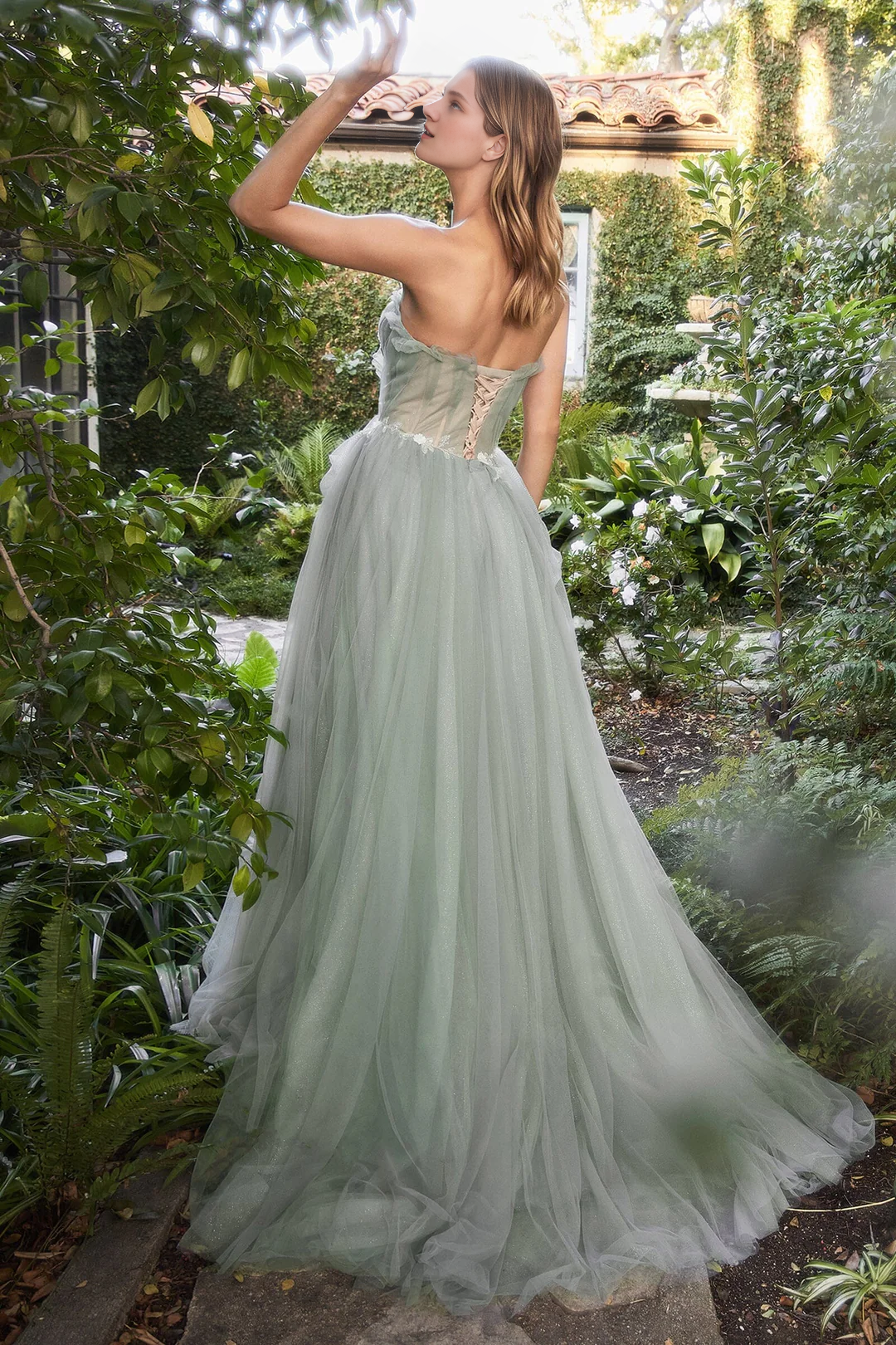 Pleated long strapless sheer A-line dress