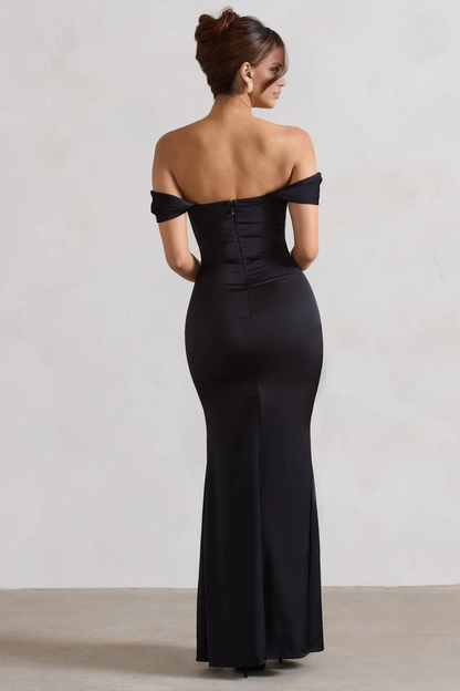 Off shoulder collar satin side slit and floor length evening dress - dress