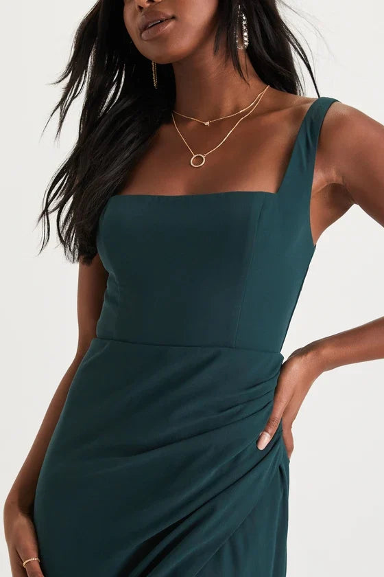 square neckline off shoulder sleeveless backless side slit and floor length evening dress