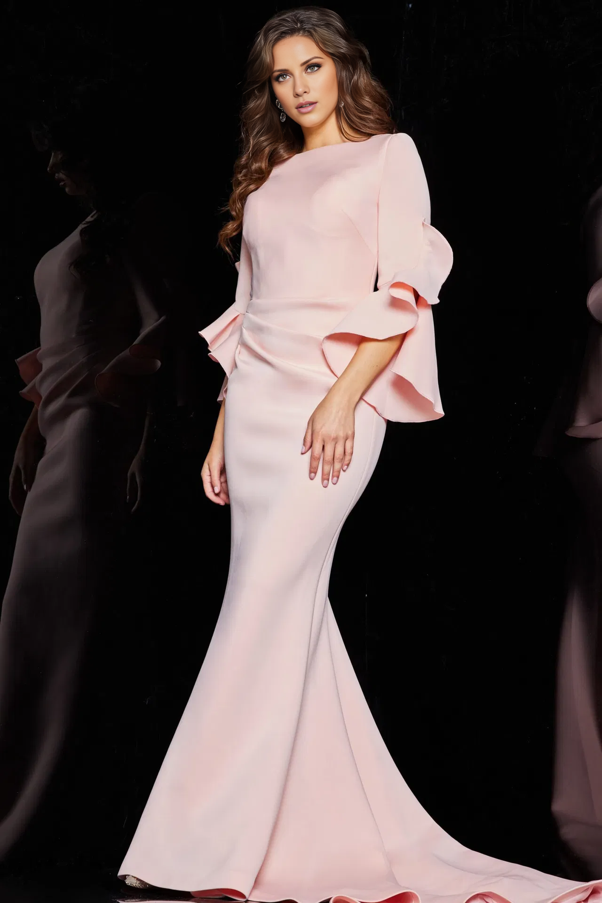 Mermaid scarf collar with ruffled edges long sleeves and floor length mother of the bride dress