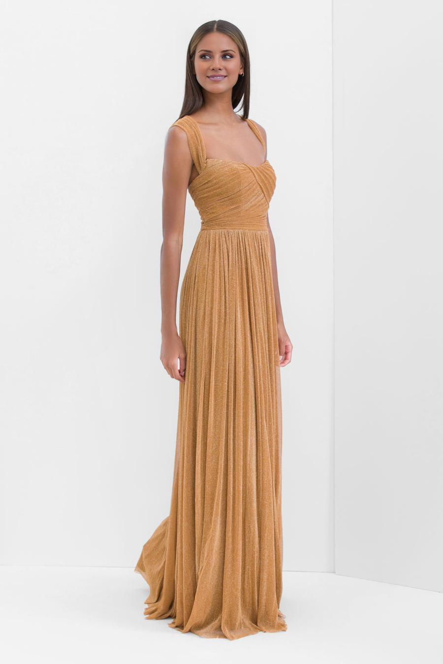 off shoulder collar sleeveless pleated backless and floor length evening dress