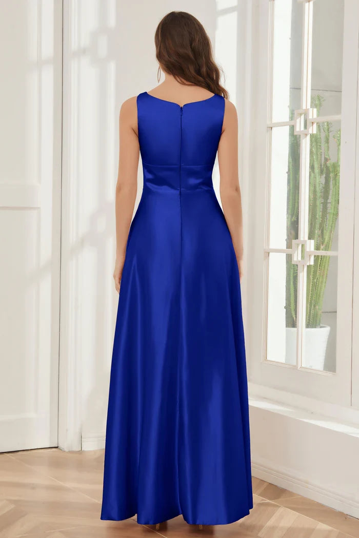 A-line sleeveless satin and floor length bridesmaid dress