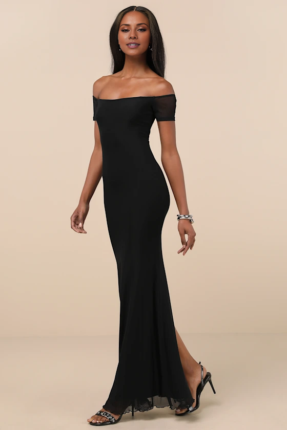 off shoulder collar sleeveless backless slit and floor length evening dress