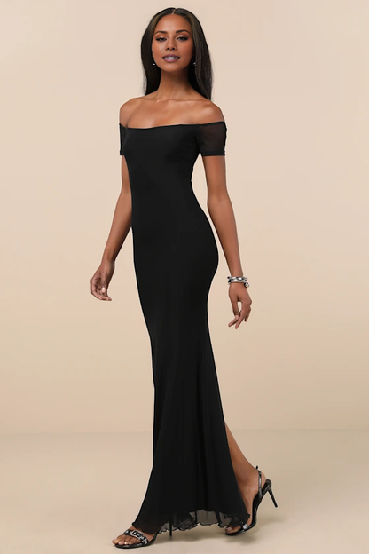 off shoulder collar sleeveless backless slit and floor length evening dress