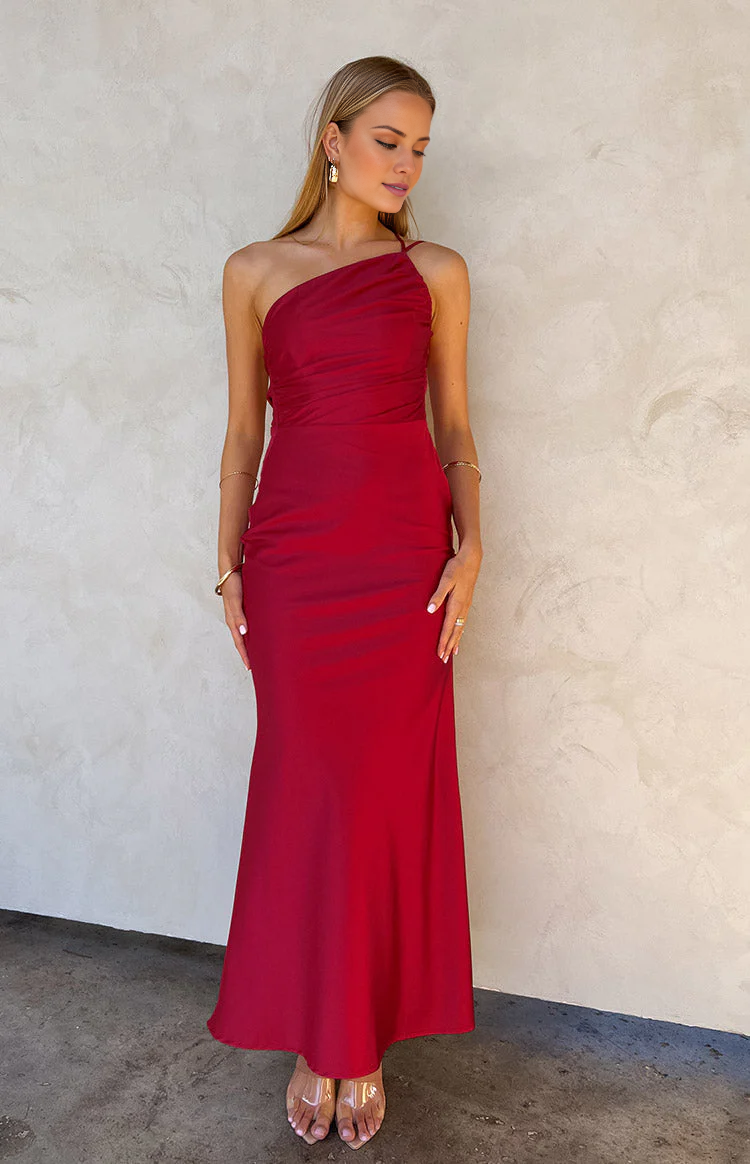 asymmetrical neckline backless satin side slit long Prom dress