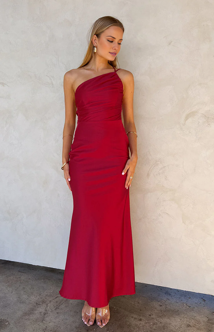 asymmetrical neckline backless satin side slit long Prom dress