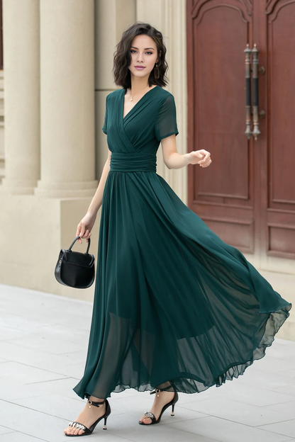 - V-neck short sleeved chiffon flowing long Prom dress