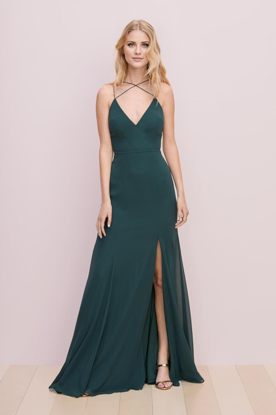V-neck sleeveless thin shoulder strap backless side slit and floor length evening dress