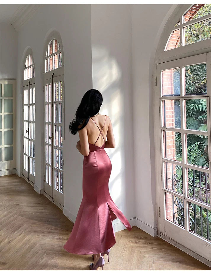 V-neck sleeveless thin shoulder strap and floor length satin Prom dress