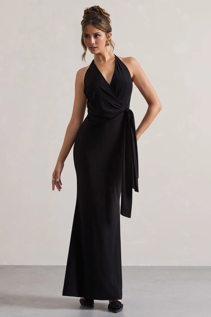 Hanging neck collar with pleats and a floor length evening dress - Dress