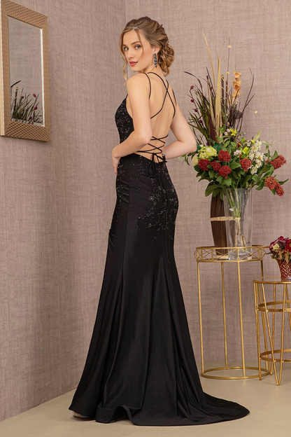 Fitted slit skirt with beaded print sleeveless plain knit long dress
