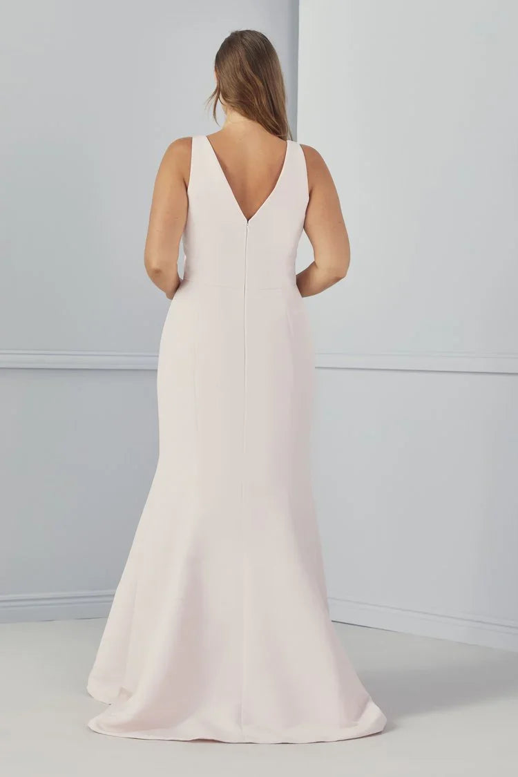V collar off shoulder sleeveless backless and floor length Prom dress