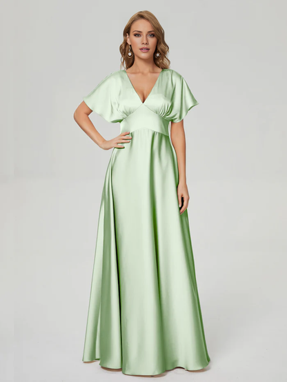 V-neck short sleeved and floor length Prom dress