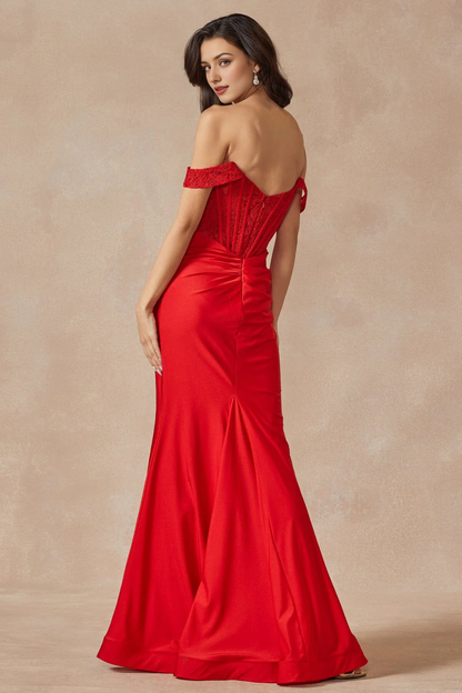 Well fitting slit skirt embroidered long off shoulder dress