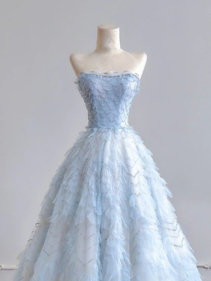 Girlhomeshops--Light blue organza fairy long floor-length tulle prom dress wedding dress gh5487