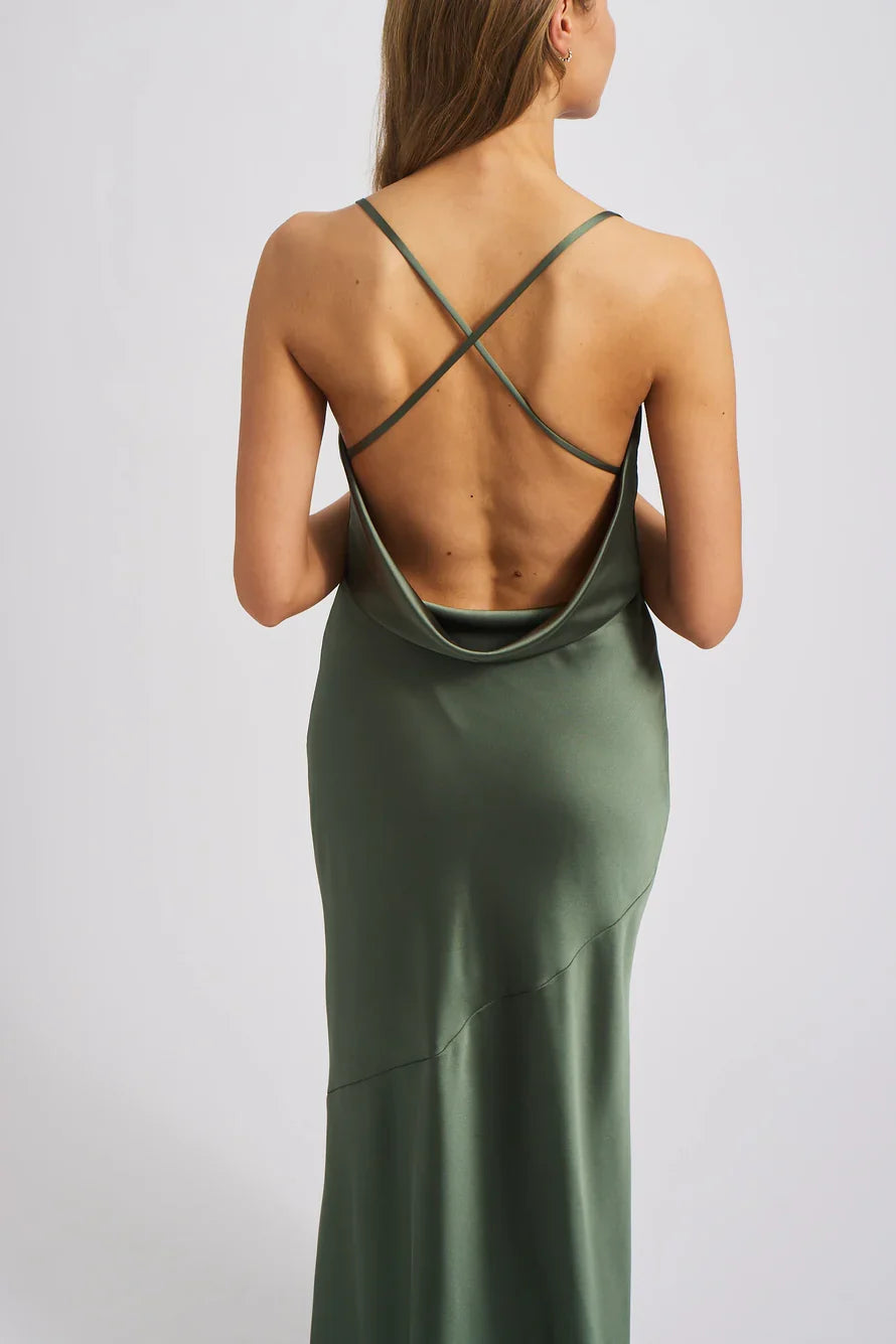 square neckline sleeveless thin shoulder strap backless and floor length Prom dress