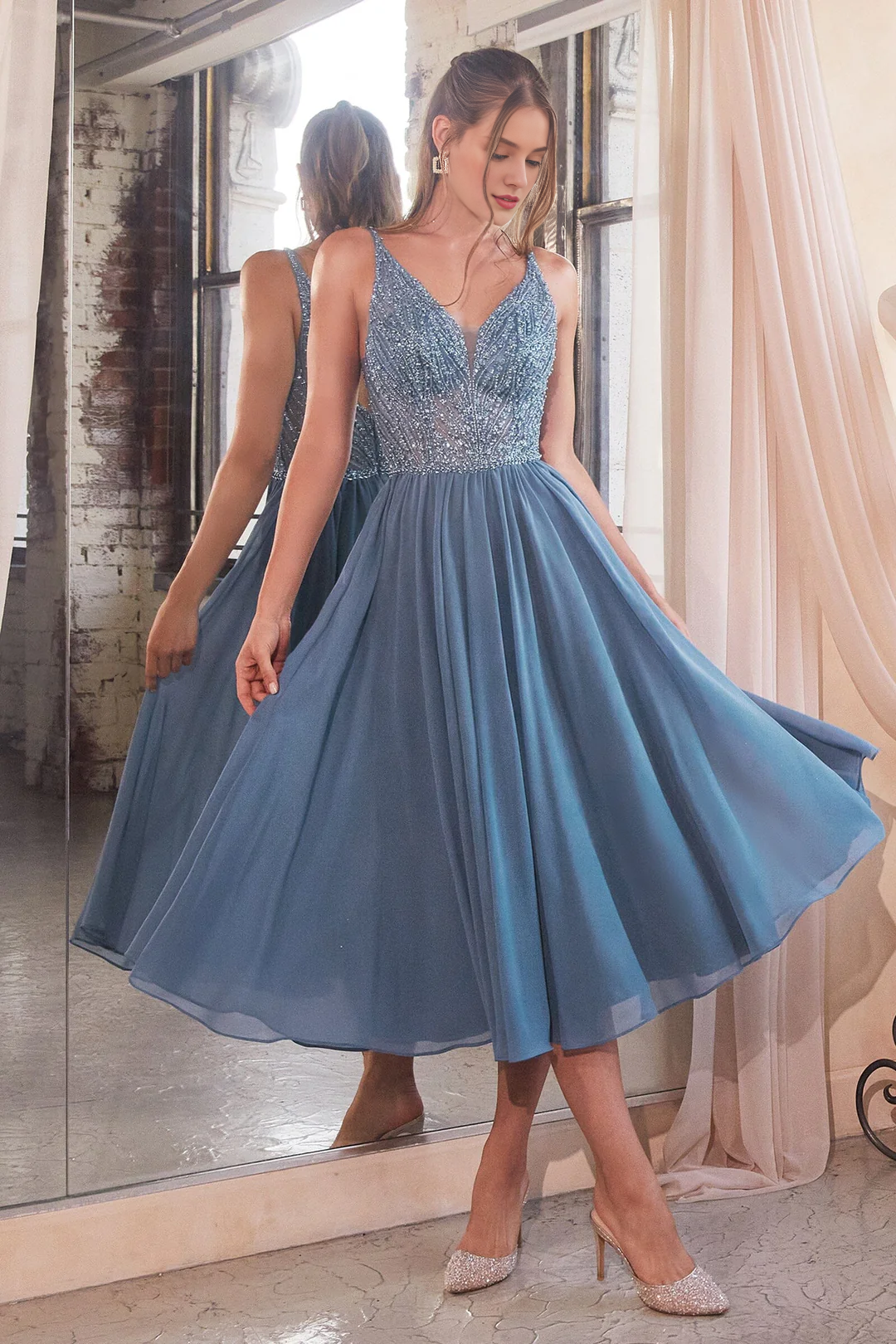 A-line bead embellished chiffon sleeveless V-neck tea long dress