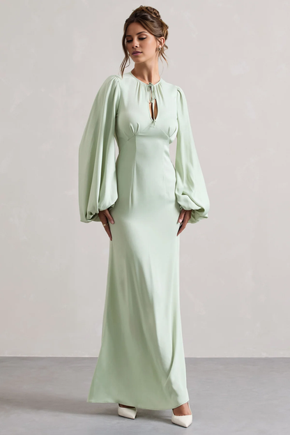 Bubble sleeve hollow round neck and floor length evening dress - dress