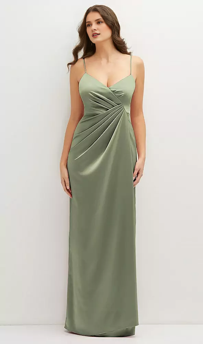 Asymmetric hanging pleats wrapped in satin with extra long Prom dress