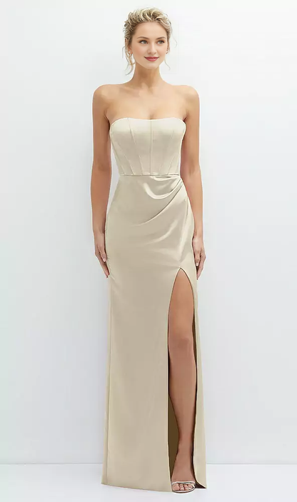 Strapless open seam tight corset satin Prom dress
