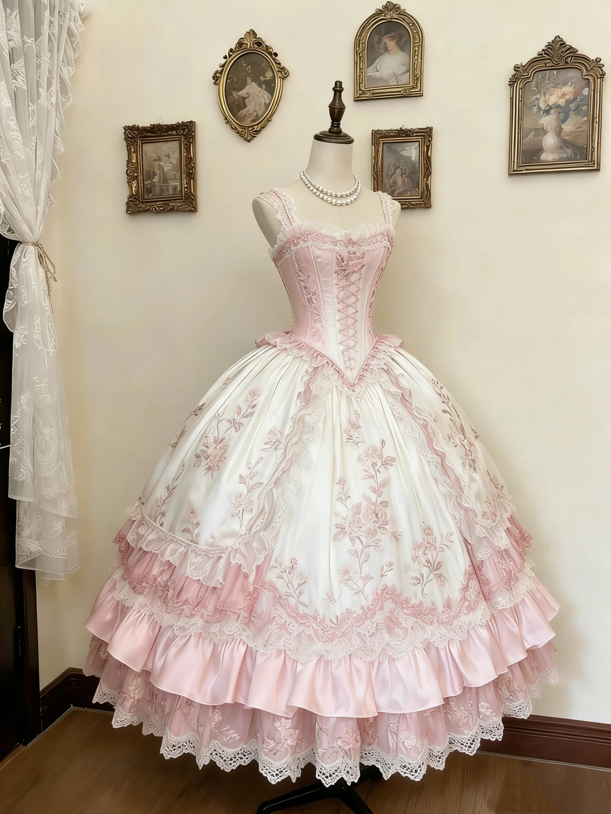 Green and White Rose Rococo Palace Dress gh6781