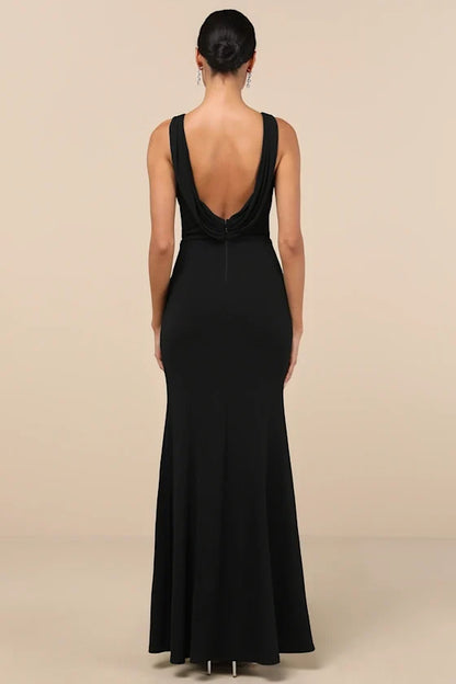 mermaid round neckline sleeveless backless and floor length evening dress