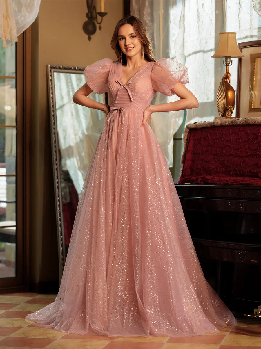 A-shaped princess V-neck slit long bow ball dress